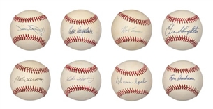 Lot of (8) Hall of Famers Single Signed Baseballs (Spahn, Herman, Boudreau, Appling, Drysdale, Lemon, Slaughter, Stargell)